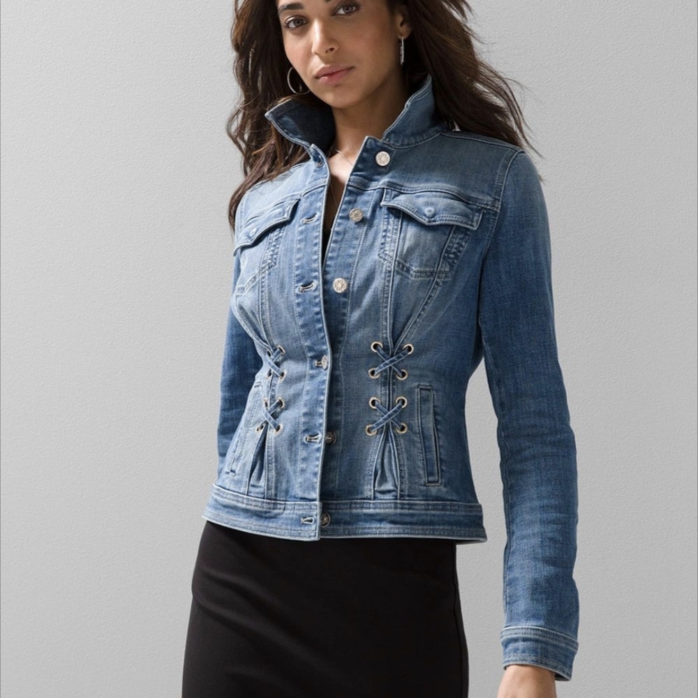 White House Black Market WHBM Unique Trucker Grommet Denim Jacket. Medium